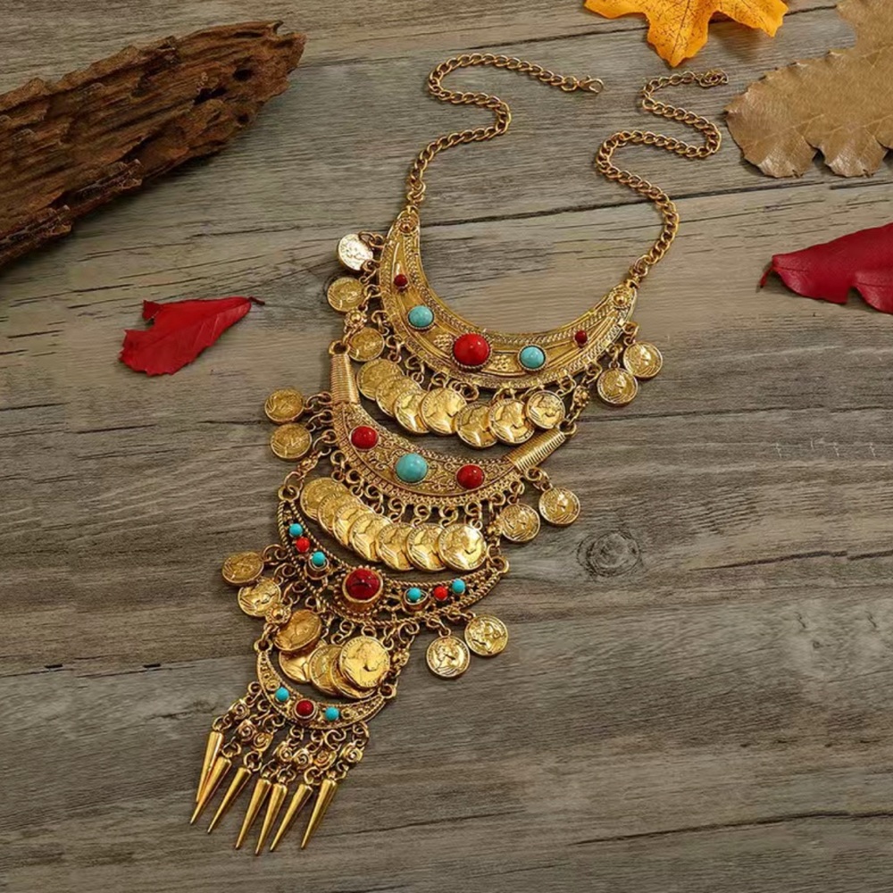 Retro gold coin tassel necklace